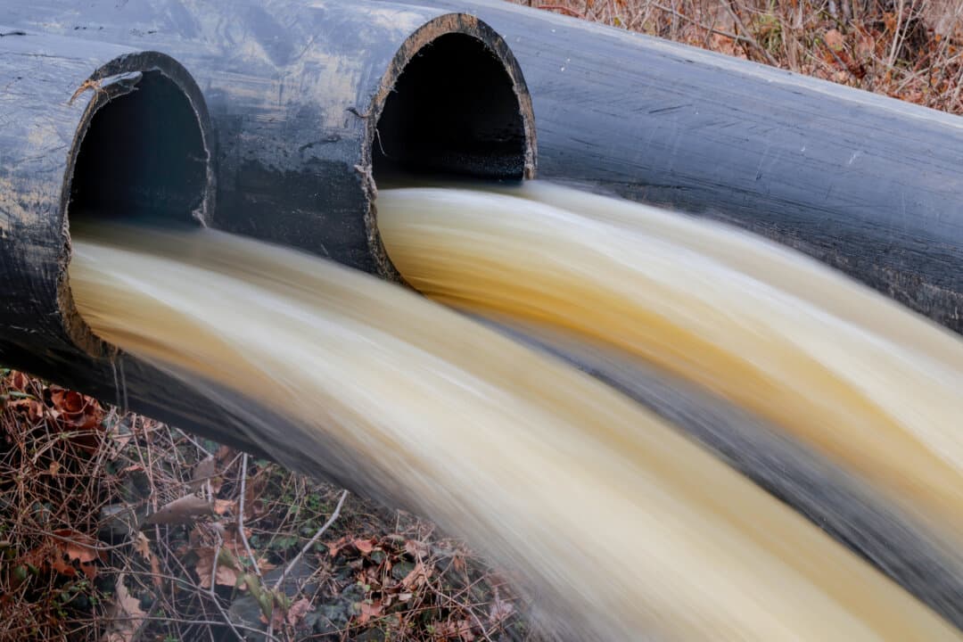 A pipe diverts water into the C&O Canal in Cabin John, Md., on March 5, 2026. Most U.S. water pipes are between 45 and 100 years old, and many contain toxic elements such as lead and copper, according to the U.S. Environmental Protection Agency. (Heather Diehl/Getty Images)