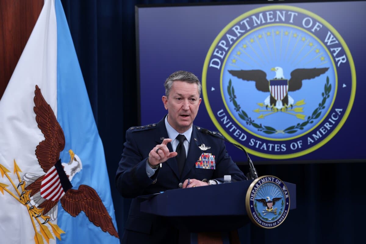 Chairman of the Joint Chiefs of Staff Gen. Dan Caine speaks during a news conference at the Pentagon in Arlington, Va., on March 2, 2026. (Alex Wong/Getty Images)