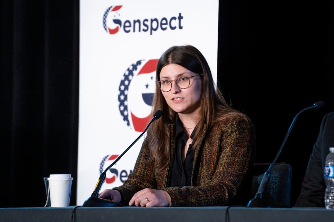 Detransitioner Soren Aldaco speaks during the Genspect—Life Beyond Transition event in Washington on March 12, 2026. Aldaco sued her doctors for medical malpractice after receiving hormones and a surgery. (Madalina Kilroy/The Epoch Times)