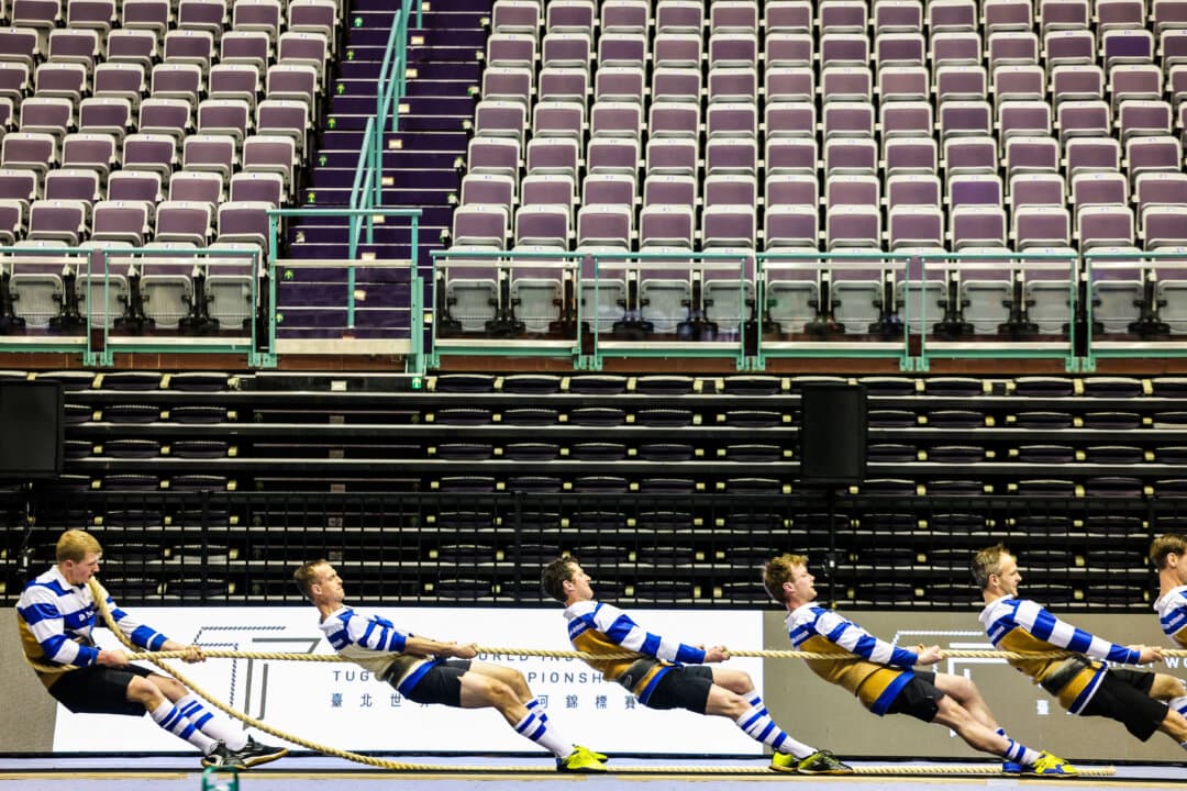 Netherlands' men's tug-of-war team competes in Taipei World Indoor Tug of War Championships in Taipei, Taiwan, on March 12, 2026. (I-Hwa Cheng/AFP via Getty Images)
