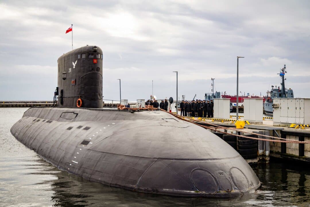 Polish Navy warship ORP Orzel, a 40-year-old Soviet era made Kilo-class submarine that is the last operating submarine in the Polish Navy, is docked in the Polish Navy base in Gdynia on March 12, 2026. (Wojtek Radwanski/AFP)