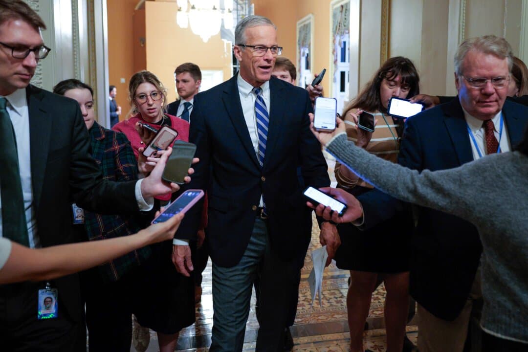 Senate Majority Leader John Thune (R-S.D.) (C) talks with reporters as he heads for the Senate Chamber at the U.S. Capitol on March 12, 2026. (Chip Somodevilla/Getty Images)