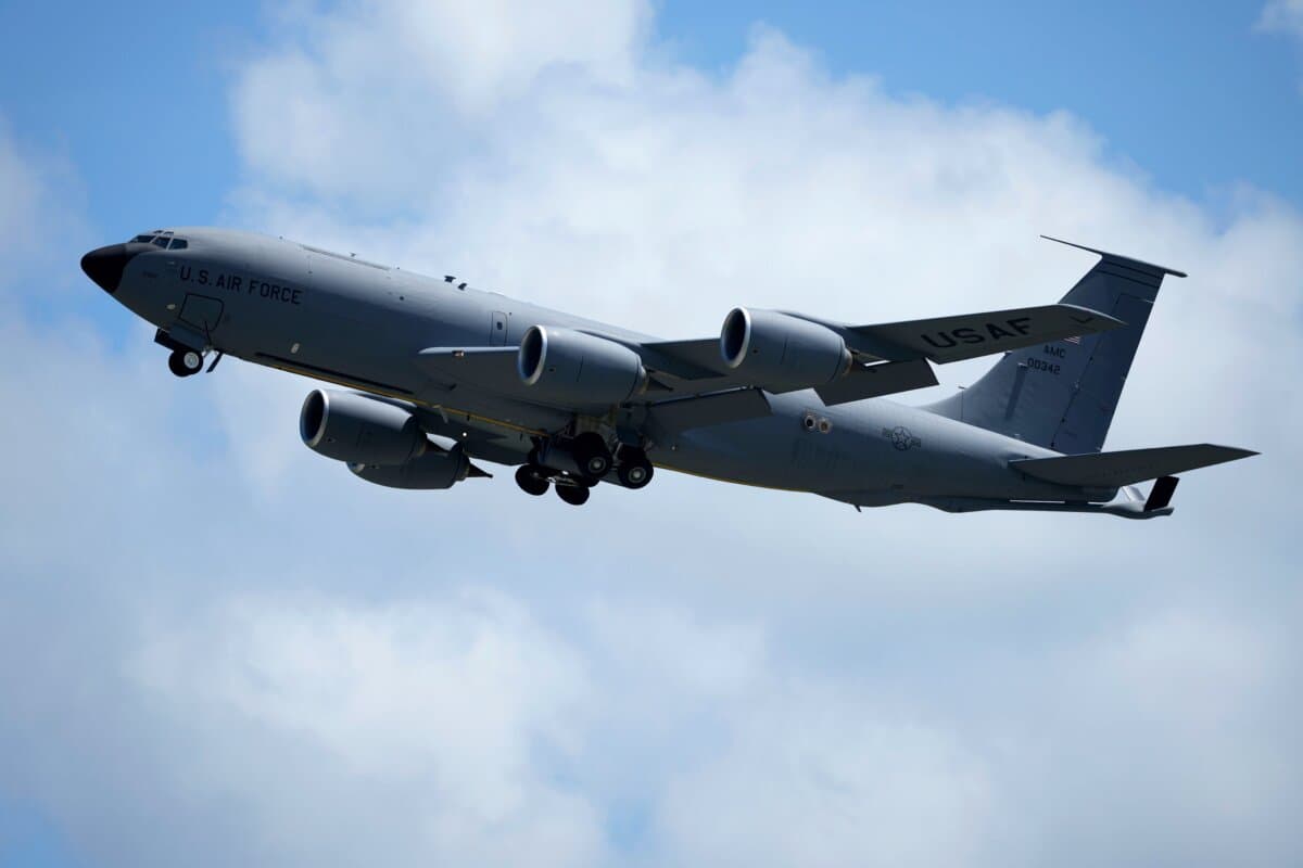 A U.S. Air Force KC-135 Stratotanker refueling tanker aircraft takes off from the Kadena Air Base airfield in Kadena town, west of Okinawa, southern Japan, on Aug. 30, 2023. (Hiro Komae/AP Photo)
