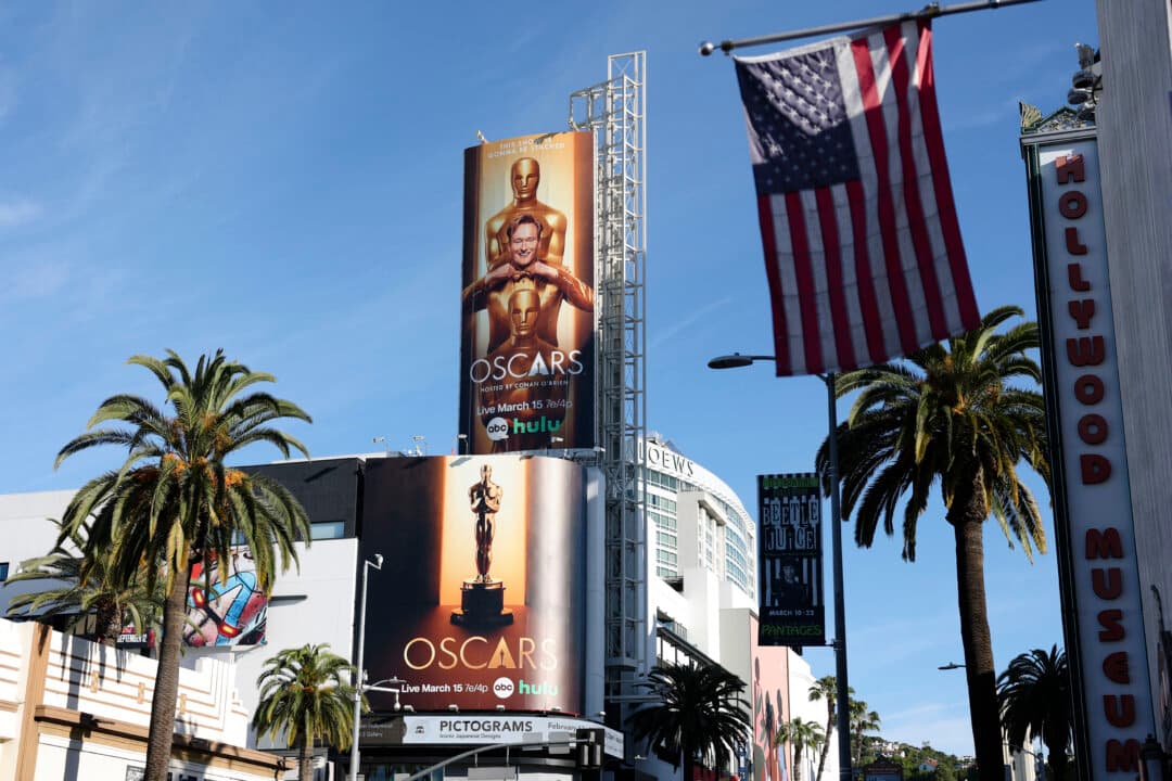 Host U.S. comedian Conan O'Brien is featured on an Oscars billboard outside the Dolby Theatre ahead of the 98th Annual Academy Awards in Hollywood, Calif., on March 13, 2026. (Angela Weiss/AFP via Getty Images)