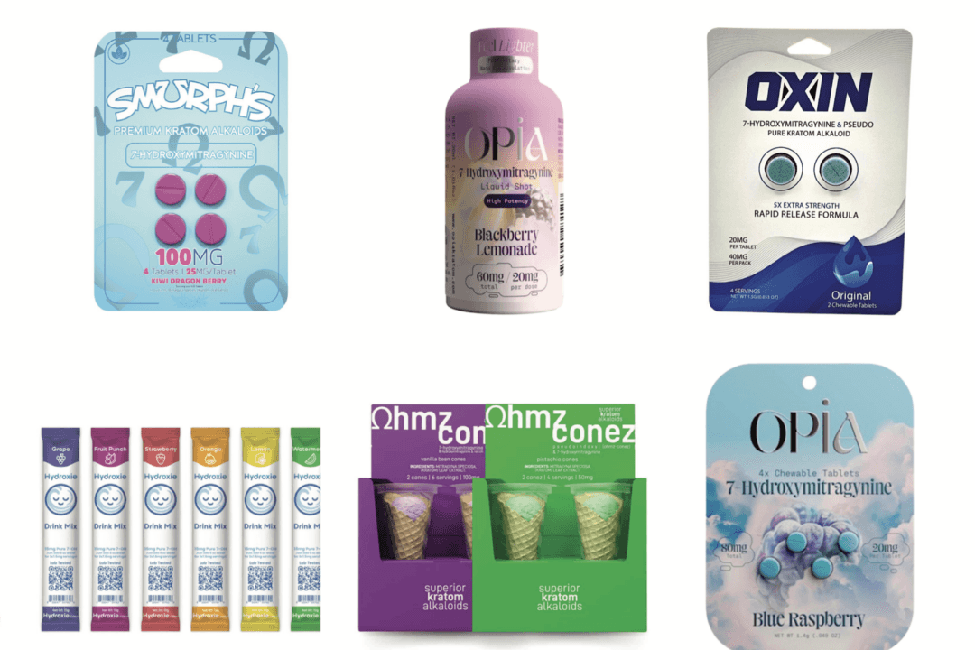 Examples of potent 7-OH products “hiding in plain sight,” according to the Food and Drug Administration. The kratom-derived synthetic compound is highly addictive, up to 50 times more potent than natural kratom powder and up to 20 times stronger than morphine. (FDA.gov)
