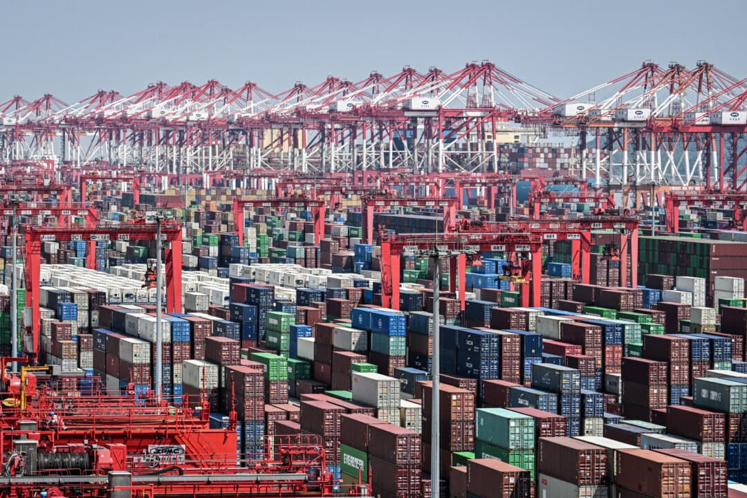 Containers and cranes at the Yangshan Deep-Water Port near Shanghai on June 3, 2025. The Rhodium Group estimated that external trade accounted for more than half of last year’s increase in China’s total economic output. (Hector Retamal/AFP via Getty Images)