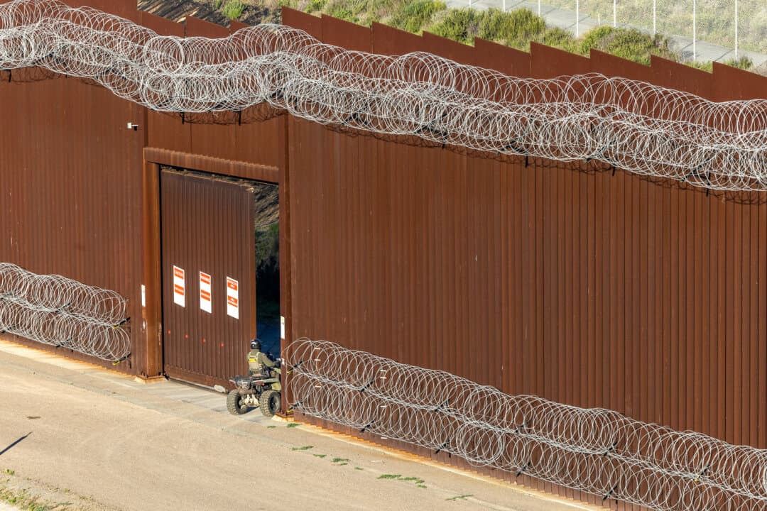 (Top) Illegal immigrants gather at a processing center run by nonprofit groups in the City Heights neighborhood of San Diego on Oct. 31, 2023. (Bottom Left) A U.S. Border Patrol agent enters through the U.S.–Mexico border wall outside of San Diego on Jan. 20, 2026. (Bottom Right) Border Patrol agents monitor the southern border using ATVs outside of Campo, Calif., on April 12, 2024. (John Fredricks/The Epoch Times)