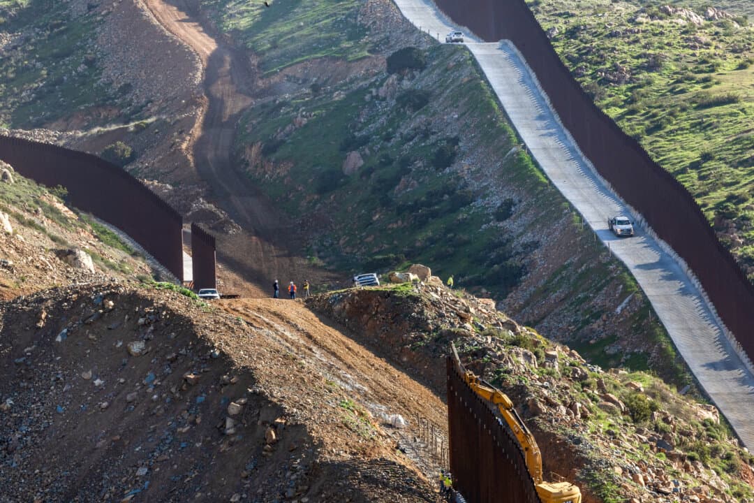 (Top) A former migrant encampment known as “Moon Camp” now sits empty of illegal immigrants in Jacumba Hot Springs, Calif., on Jan. 22, 2026. (Bottom Left) Construction on the U.S. southern border wall is seen from Otay Mesa, Calif., on Jan. 21, 2026. (Bottom Right) Illegal immigrants walk toward a Border Patrol checkpoint on Otay Mountain east of San Diego on Feb. 29, 2024. (John Fredricks/The Epoch Times)