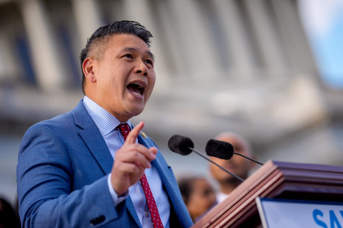 Rep. Derek Tran (D-Calif.), speaks on the House steps in Washington on Nov. 12, 2025. (Andrew Harnik/Getty Images)