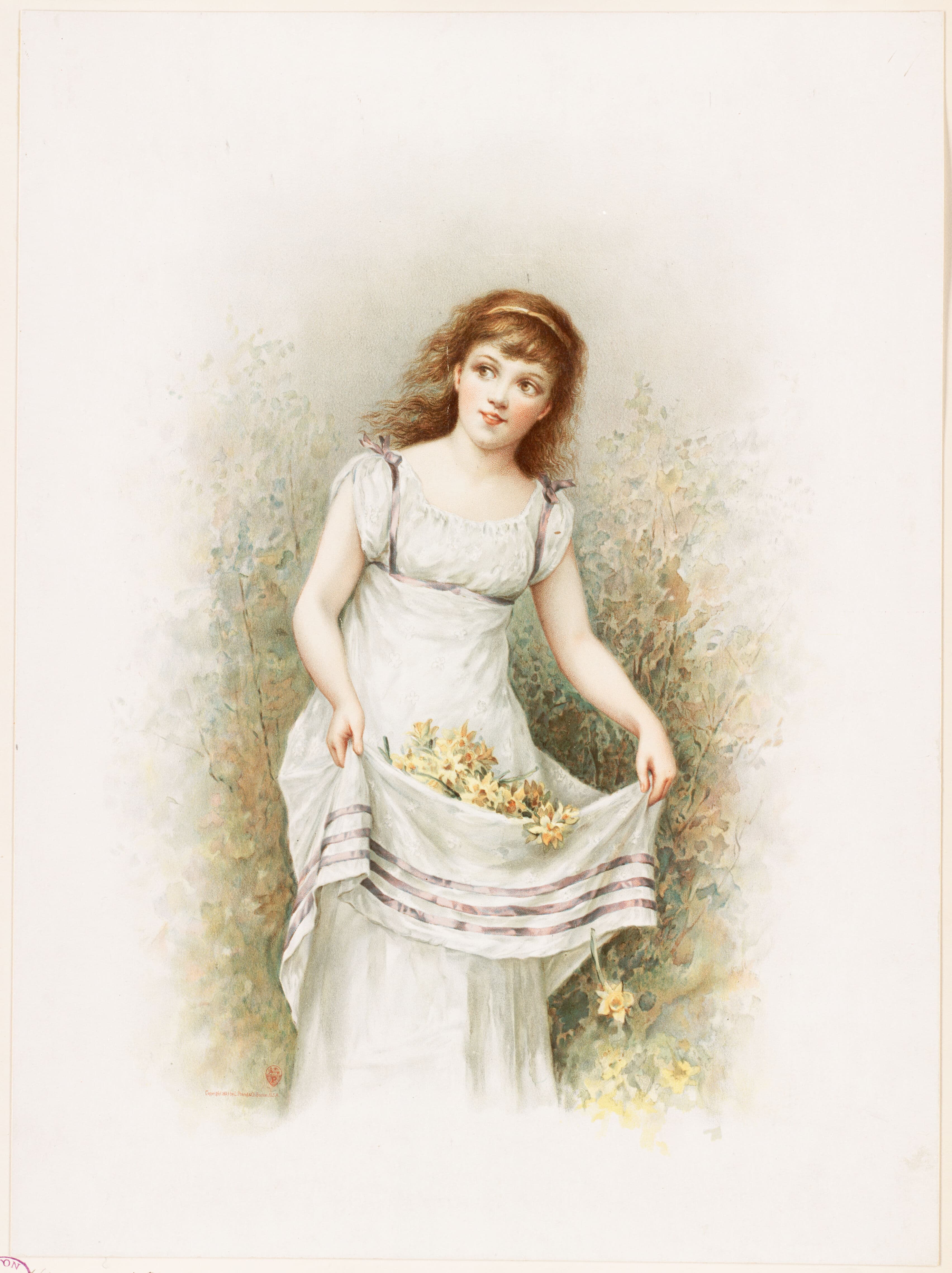 Woman gathering daffodils, circa 1893, published by Louis Prang & Company Collection. Boston Public Library. (Public Domain)