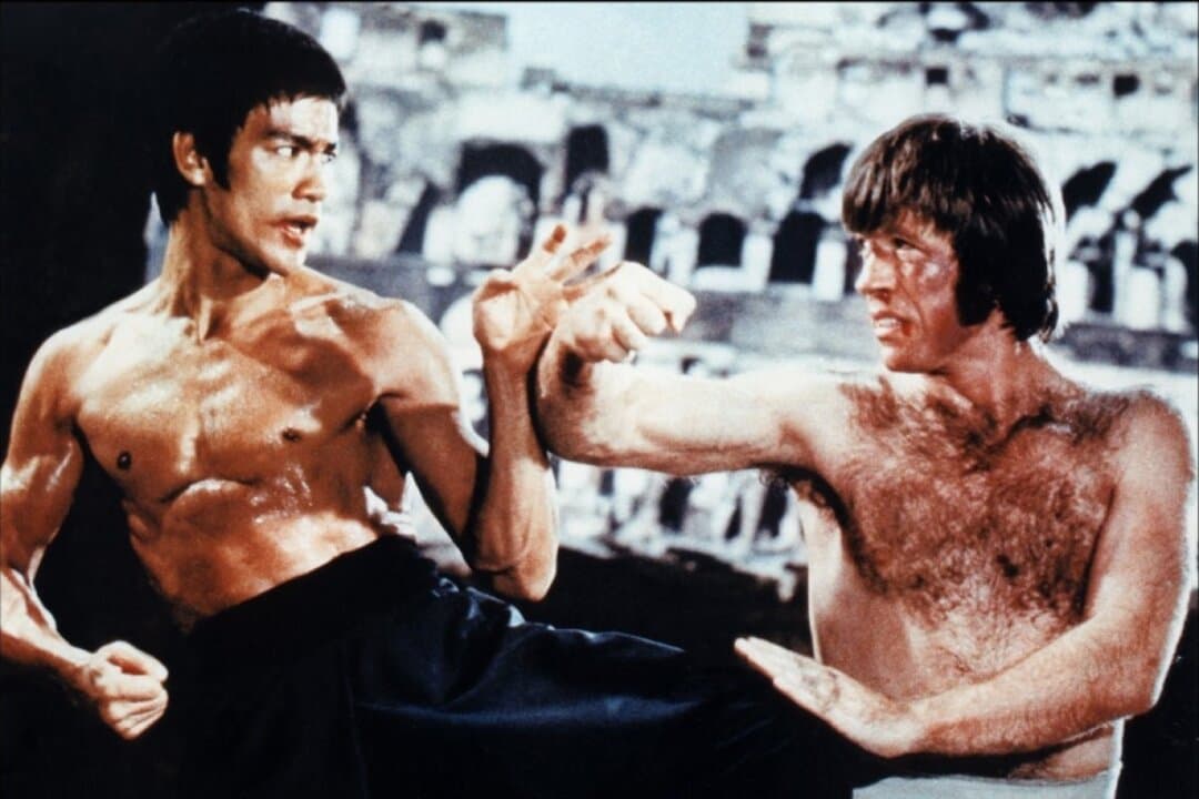 Chuck Norris and Bruce Lee in a publicity still for movie “The Way of the Dragon” (1972). (Golden Harvest Company, Concord Productions)