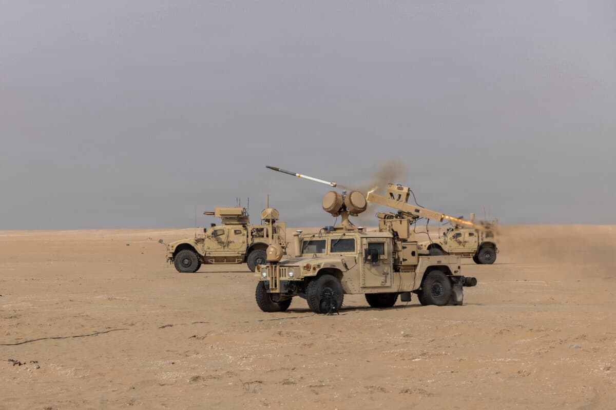 An Electronic Advanced Ground Launcher System fires a Hydra 70 rocket during counter-drone live-fire training in Kuwait on Dec. 4, 2025. (U.S. Army photo by Joseph Kumzak, via DVIDS)
