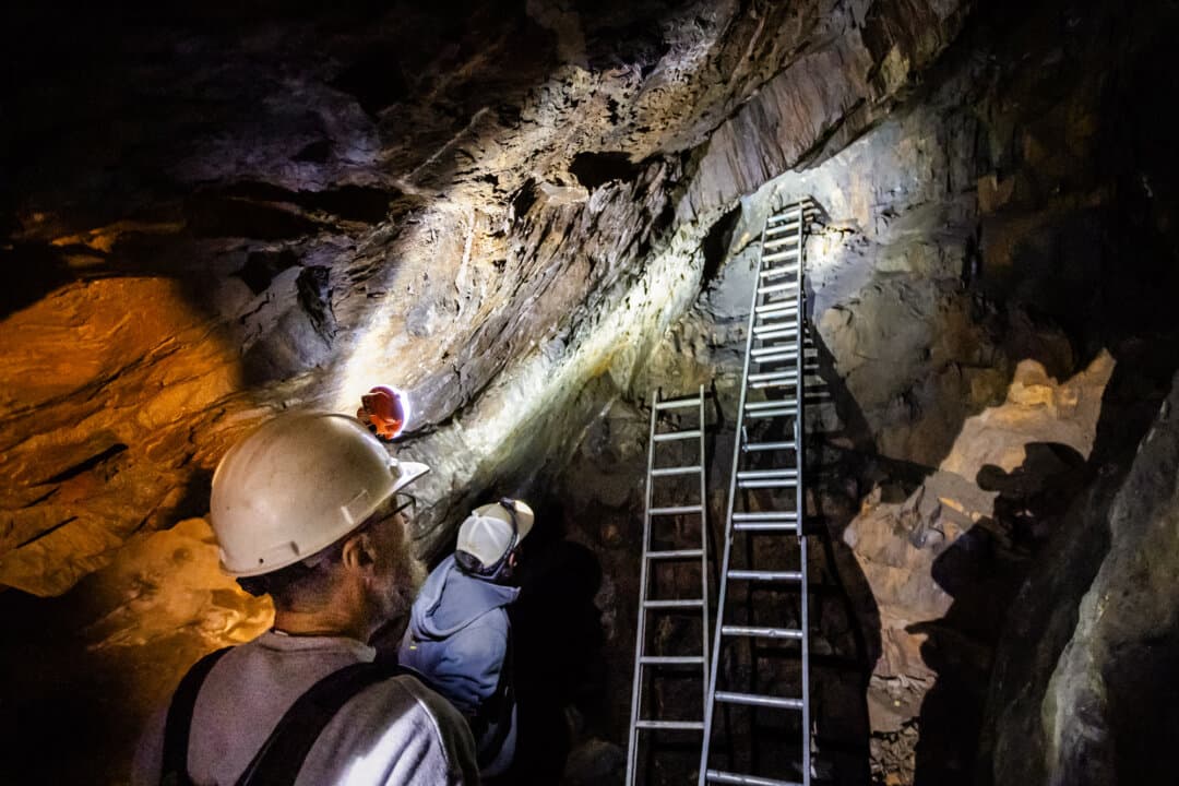 Miners travel within a mine shaft outside of Angels Camp, Calif., on Feb. 5, 2026. (John Fredricks/The Epoch Times)