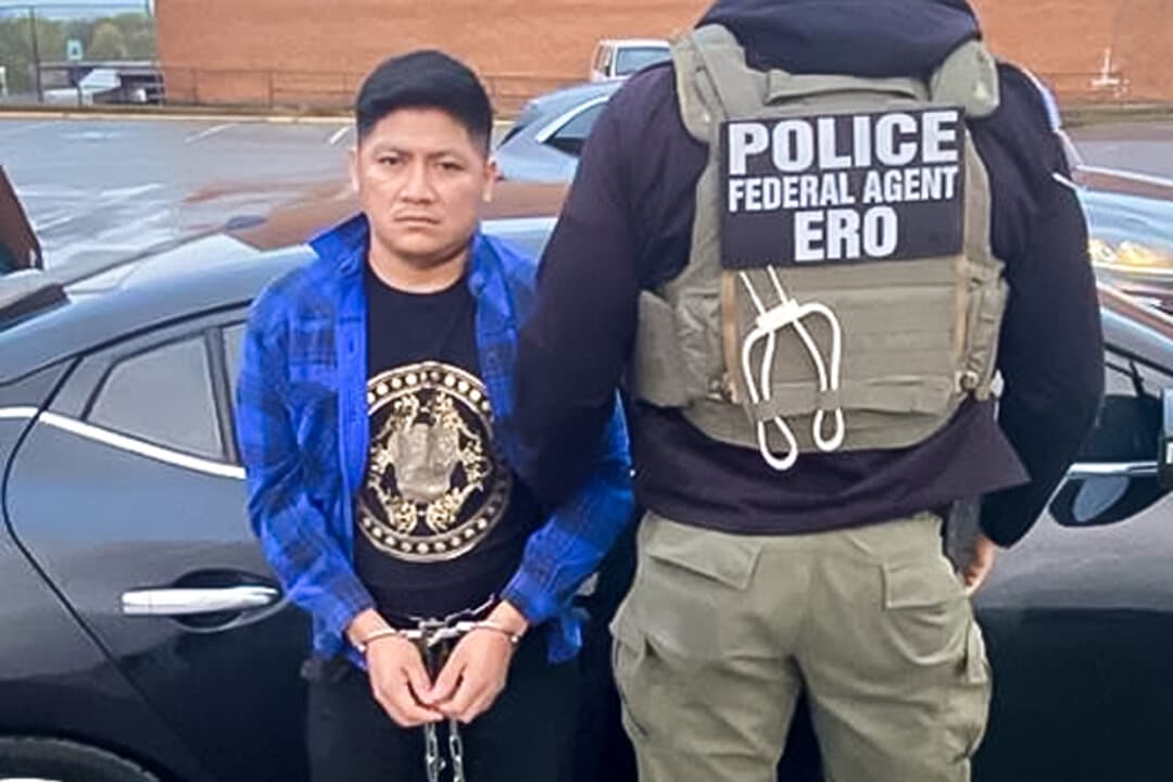 ICE officers arrest Guatemalan national Rene Pop-Chub in Hyattsville, Md., on April 12, 2025. Pop-Chub has pending charges for murder, second-degree assault, and reckless endangerment. (Department of Homeland Security)