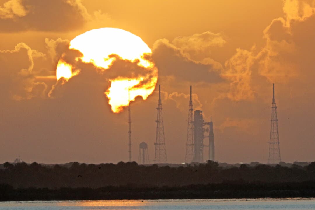 NASA's Artemis II Space Launch System rocket is seen at sunrise at the Kennedy Space Center in Cape Canaveral, Florida, on April 1, 2026. (Gregg Newton/AFP via Getty Images)