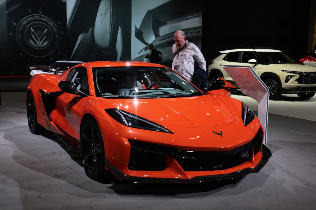 A person views the Corvette Z06 at the New York Auto Show media day at the Jacob K. Javits Convention Center in New York City on April 1, 2026. (Michael M. Santiago/Getty Images)