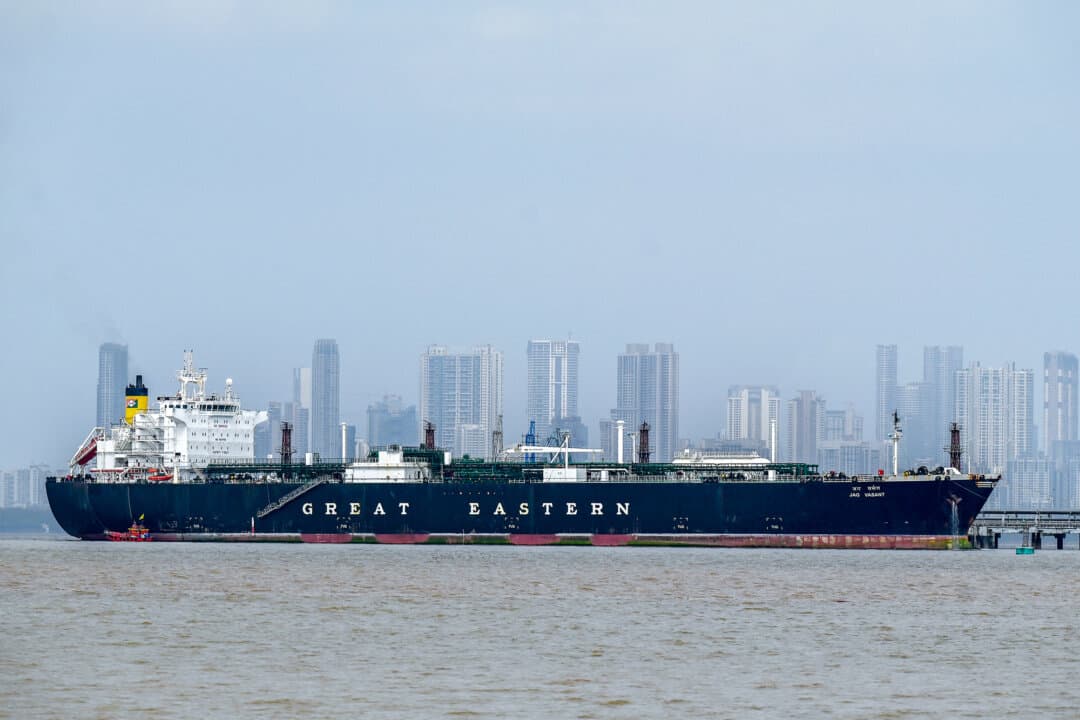 An Indian-flagged tanker carrying liquefied petroleum gas that transited the Strait of Hormuz amid the Iran war remains docked at an offloading terminal in Mumbai, India, on April 1, 2026. The strait is a key global shipping route through which about one-fifth of the world’s oil and gas passes. (Punit Paranjpe/AFP via Getty Images)