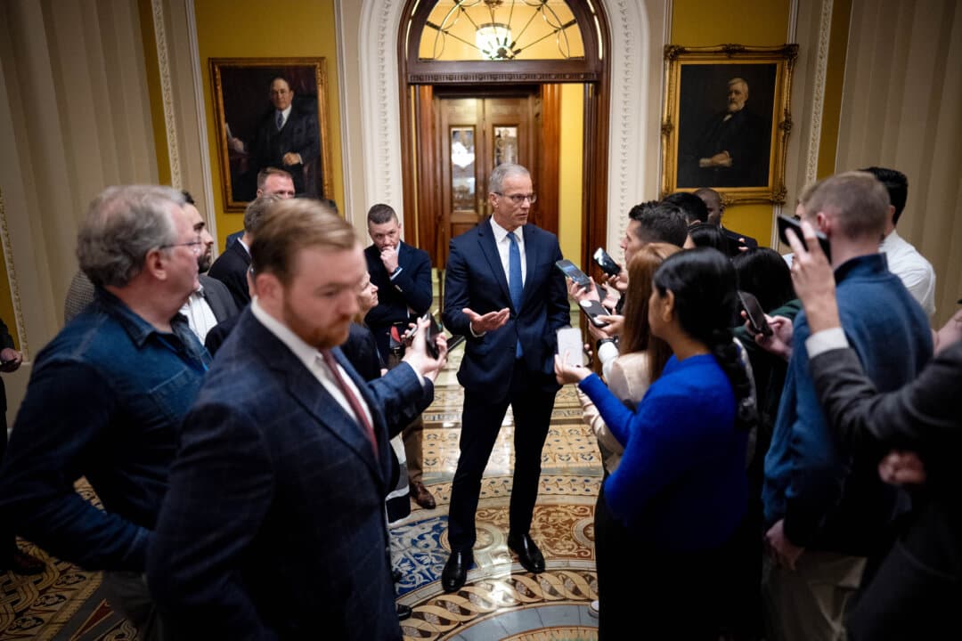 Senate Majority Leader John Thune (R-S.D.) speaks to the media outside the Senate Chamber after passing a Department of Homeland Security funding bill by unanimous consent at the U.S. Capitol on April 2, 2026. The Senate has sent a bill to fund all of the department except for Immigration and Customs Enforcement and Customs and Border Protection back to the House. (Andrew Harnik/Getty Images)