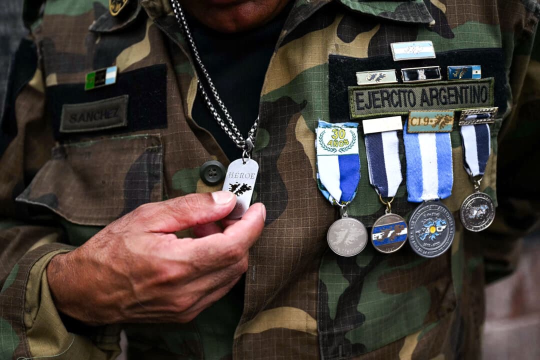 Hugo Sanchez, 62, veteran of the Falklands War, wears his medals during a ceremony to commemorate the 44th anniversary of the war between Argentina and the United Kingdom over the Falkland Islands at the “Cenotaph to the Fallen of the Malvinas War” in Buenos Aires on April 2, 2026. (Luis Robayo/AFP via Getty Images)