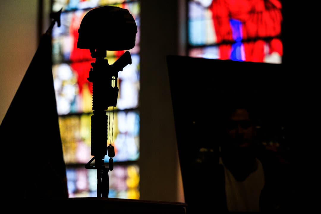A memorial for Army Staff Sgt. Benjamin N. Pennington sits at the front of the Fort Carson Soldiers Memorial Chapel in Colorado Springs, Colo., on April 2, 2026. Pennington passed away on March 8 after succumbing to injuries suffered in an Iranian attack on Prince Sultan Air Base in Saudi Arabia during Operation Epic Fury. (Michael Ciaglo/Getty Images)
