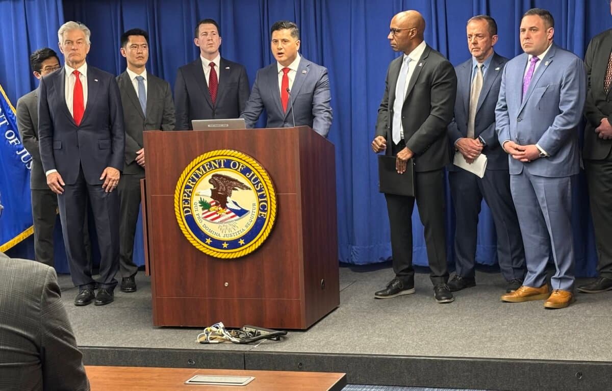 First Assistant U.S. Attorney Bill Assayli speaks to reporters on April 2, 2026, in Los Angeles about fraud found in Los Angeles County. (U.S. Department of Justice)