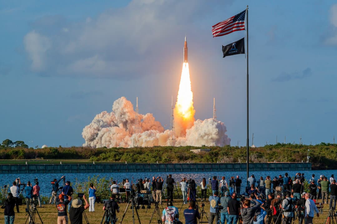 NASA’s Artemis II Space Launch System rocket carrying the Orion spacecraft lifts off from Launch Complex 39B at Kennedy Space Center in Cape Canaveral, Fla., on April 1, 2026. (Chip Somodevilla/Getty Images)