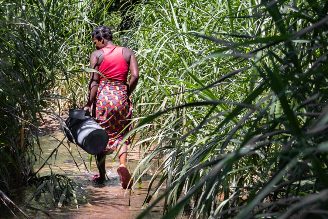 A woman prepares to collect unclean drinking water in the Mangochi District of Malawi, on Feb. 18, 2026. (John Fredricks/The Epoch Times)