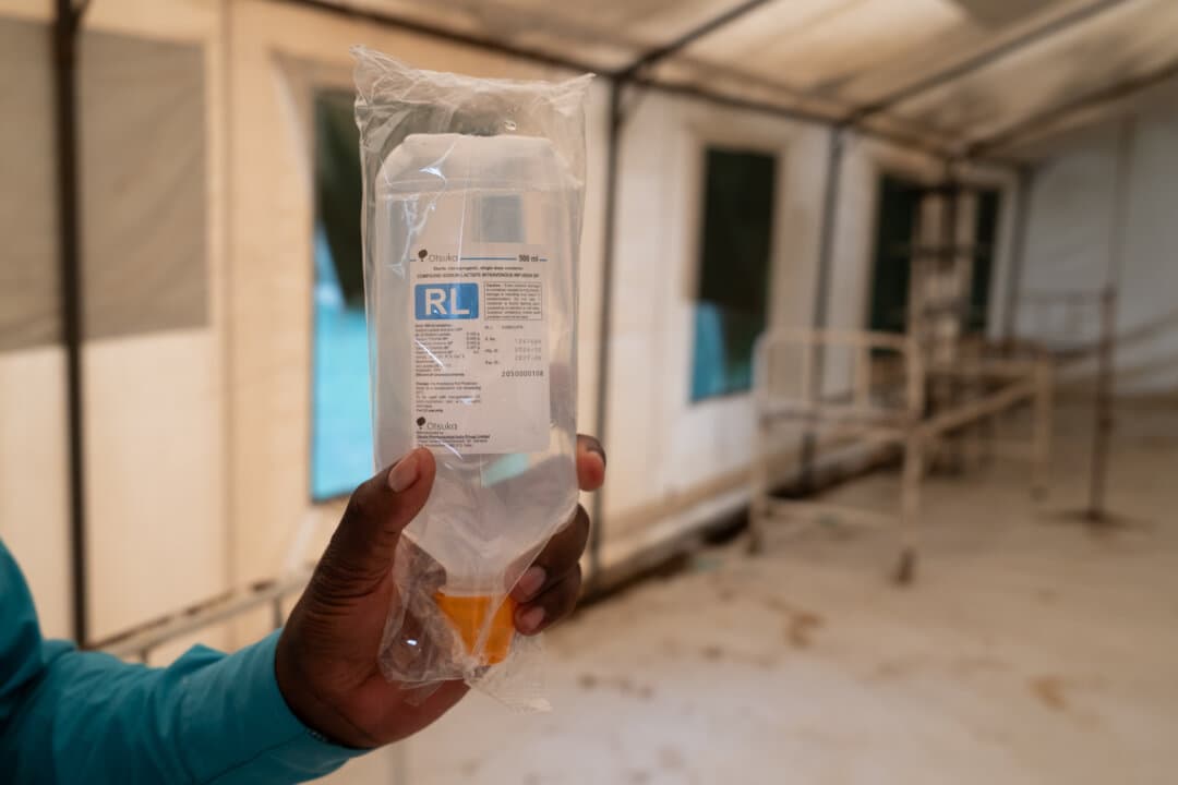 Cholera medications await patients outside of Monkey Bay, Malawi, on Feb. 18, 2026. (John Fredricks/The Epoch Times)