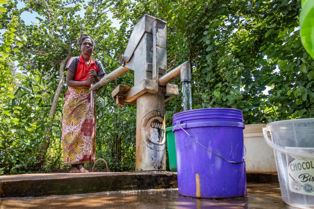 A woman pumps clean water with a well built by Water Wells for Africa in the Thyolo District of Malawi on Feb. 25, 2026. (John Fredricks/The Epoch Times)