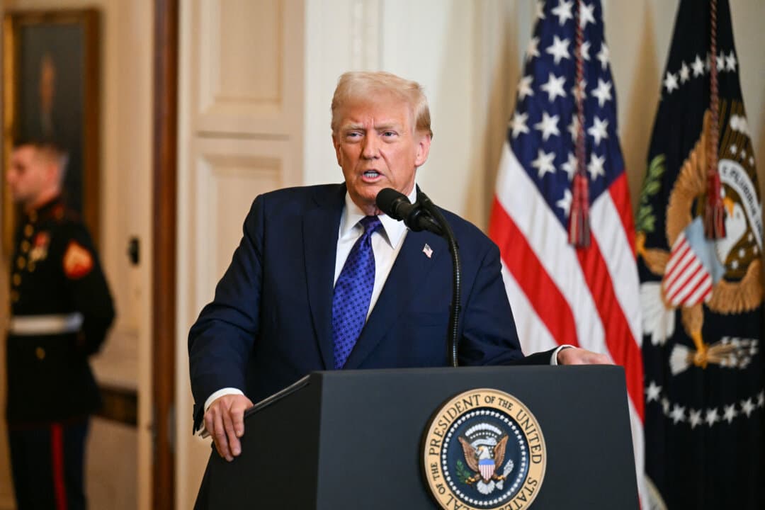 President Donald Trump speaks before signing the Laken Riley Act in the East Room of the White House on Jan. 29, 2025. The Laken Riley Act, which mandates the detention of illegal immigrants charged with theft-related crimes, is named for a 22-year-old student murdered by a Venezuelan national with no legal papers who was wanted for shoplifting. (Pedro Ugarte/AFP via Getty Images)