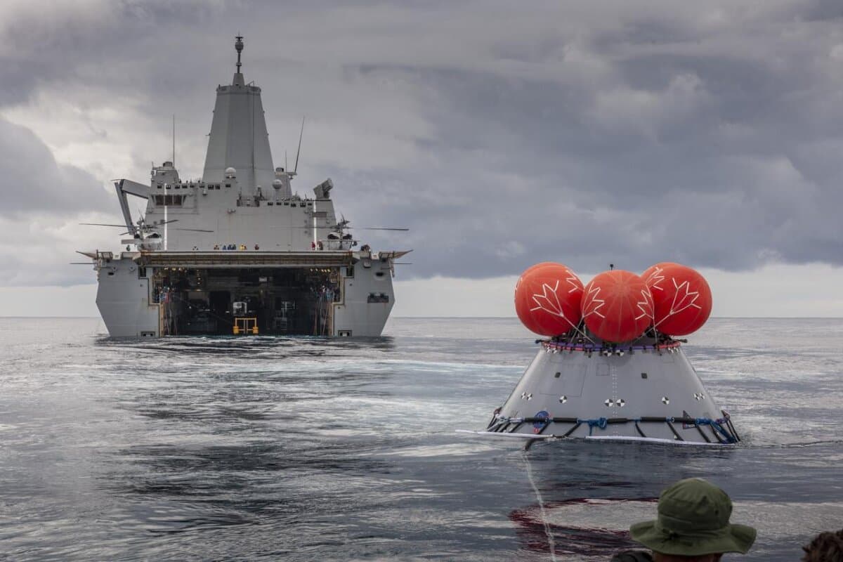 The USS John P. Murtha pictured with an Orion crew capsule during a recovery test in preparation for NASA’s Artemis I uncrewed test flight on March 14, 2020. (NASA)