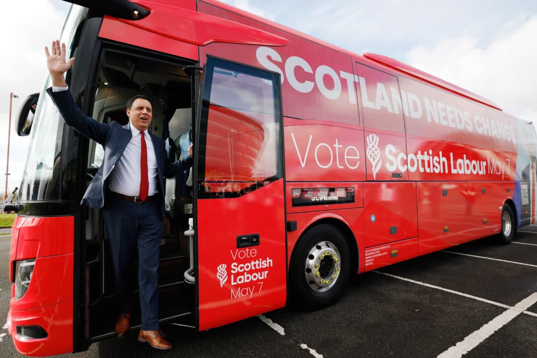 Anas Sarwar speaks during the launch of the Election Battle Bus at the OVO Hydro in Glasgow, Scotland, on April 10, 2026. Scottish Labor’s election prospects have weakened, with recent polls showing the party slipping to fourth place and trailing the SNP by more than 20 points. (Jeff J Mitchell/Getty Images)