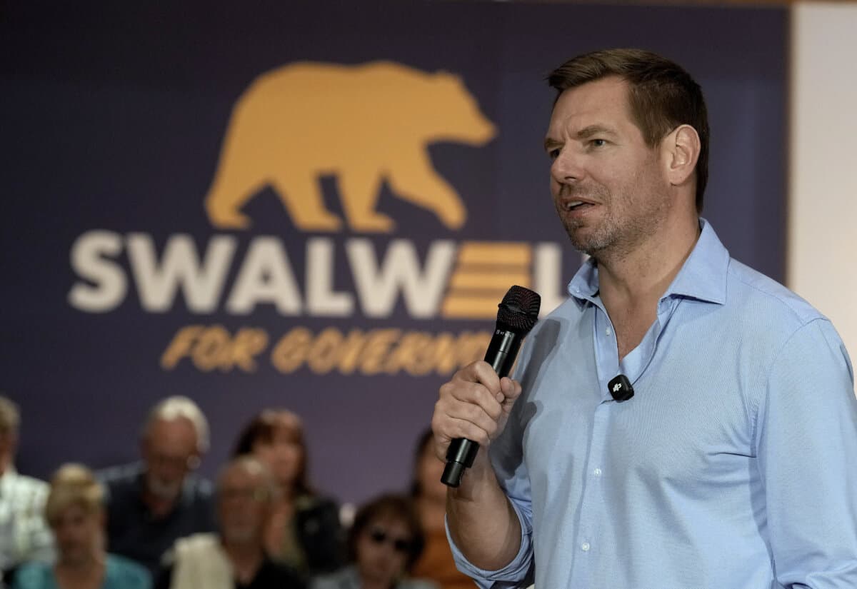California gubernatorial candidate Rep. Eric Swalwell (D-Calif.) appears at a town hall meeting in Sacramento, Calif., on April 7, 2026. (Rich Pedroncelli/AP Photo)