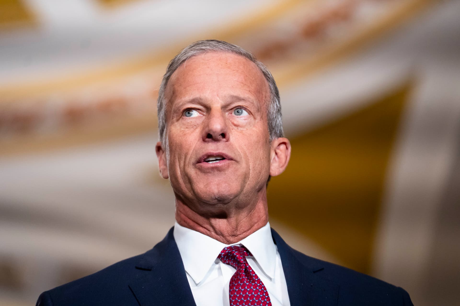 Senate Majority Leader John Thune (R-S.D.) speaks to members of the press in Washington on April 14, 2026. (Madalina Kilroy/The Epoch Times)