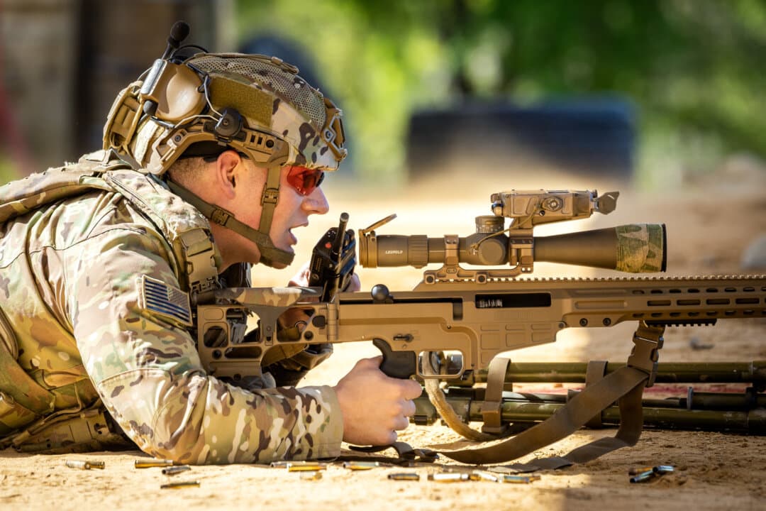 (Top, Bottom Right) Snipers with the U.S. Army perform shooting exercises at Fort Benning, Ga., on April 8, 2026. Unlike other competitions at Infantry Week, the International Sniper Competition was open not only to members of the Army, but also to the Marine Corps, the Navy, and international competitors. (Bottom Left) Soldiers with the U.S. Army’s 10th Mountain Division perform shooting exercises at Fort Benning, Ga., on April 8, 2026. (John Fredricks/The Epoch Times)