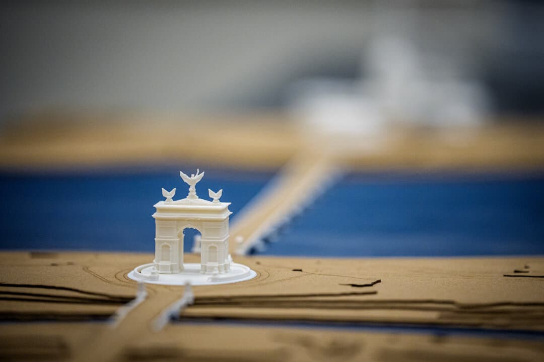 A model of President Donald Trump's proposed triumphal arch to commemorate the country's 250th anniversary is displayed at a public meeting of the Commission of Fine Arts at the National Building Museum in Washington, on April 16, 2026. (Andrew Harnik/Getty Images)