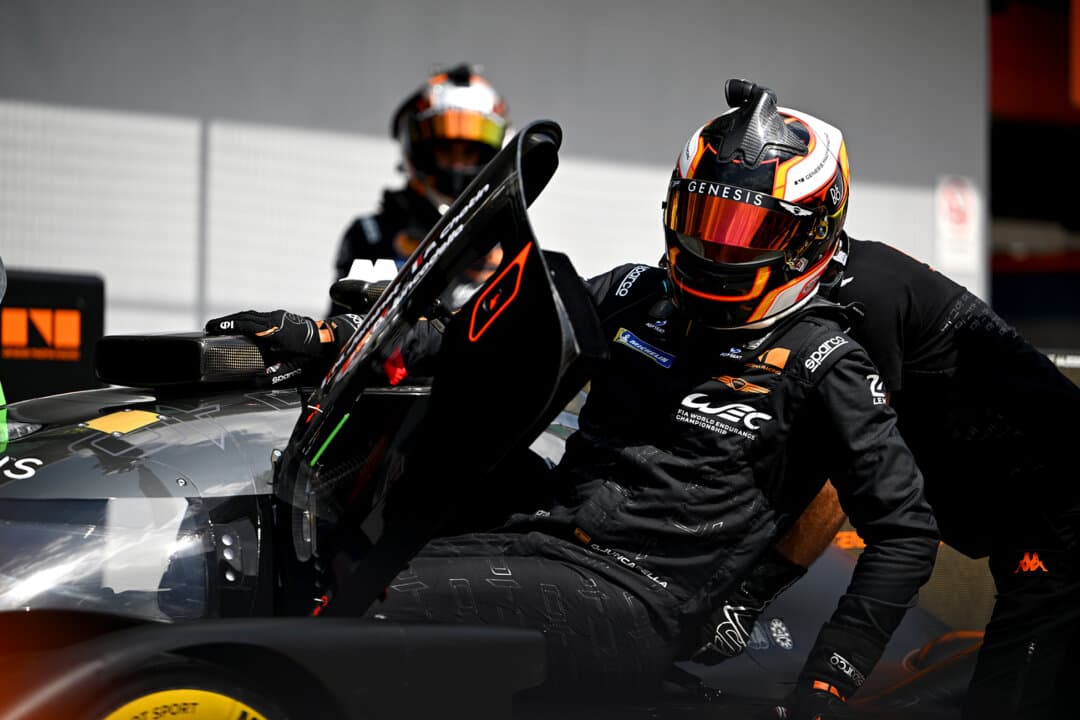 Daniel Juncadella of Spain, who competes for Genesis Magma Racing, conducts pit stop practice during the World Endurance Championship 6 Hours of Imola at Autodromo Enzo e Dino Ferrari in Imola, Italy, on April 16, 2026. (Rudy Carezzevoli/Getty Images)