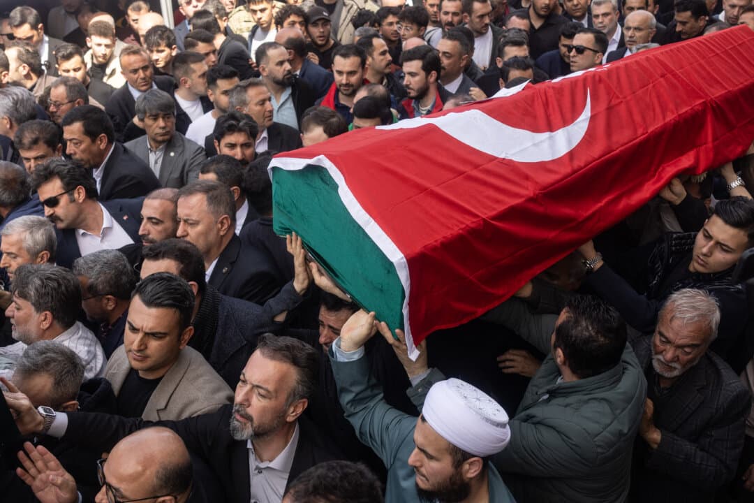 Mourners attend a funeral at Abdulhamid Han Mosque for victims of a school shooting in Kahramanmaras, Turkey, on April 16, 2026. (Burak Kara/Getty Images)