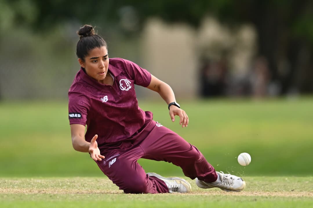 Dharmini Chauhan of Queensland plays during the National Indigenous Cricket Championships 2026 match between Victoria and Queensland at Great Barrier Reef Arena and Harrup Park Complex, in Mackay, Australia, on April 16, 2026 (Albert Perez/Getty Images for Cricket Australia)