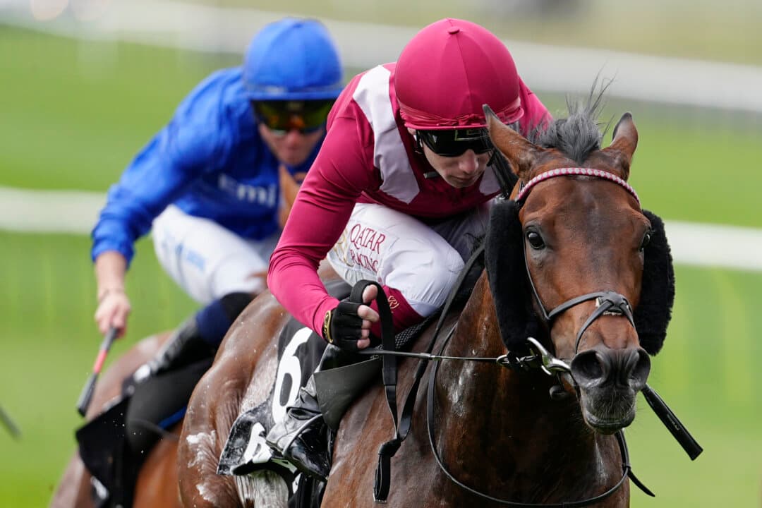 Oisin Murphy riding Oxagon wins The Betway Craven Stakes at Newmarket Racecourse in England, on April 16, 2026. (Alan Crowhurst/Getty Images)