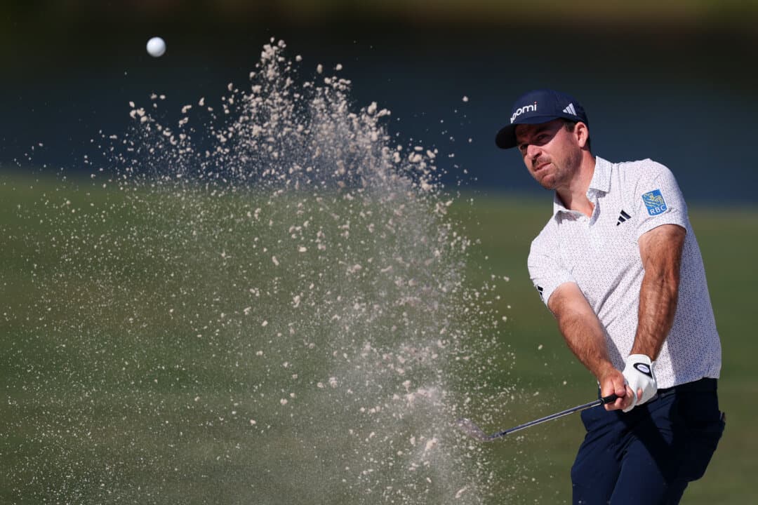 Nick Taylor of Canada plays a shot from a bunker on the fifth hole during the first round of the RBC Heritage 2026 at Harbour Town Golf Links in Hilton Head Island, South Carolina, on April 16, 2026. (Kevin C. Cox/Getty Images)