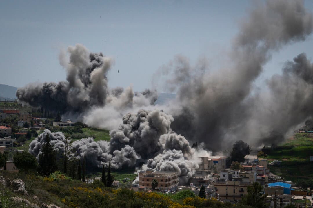 An airstrike is seen in Nabatieh, Lebanon, on April 16, 2026. Israel and Lebanon's ambassadors have held historic talks in Washington, the first direct diplomatic meeting between the two sides in decades. (Adri Salido/Getty Images)