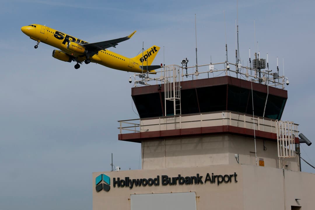 A Spirit Airlines plane takes off from Hollywood Burbank Airport in Burbank, Calif., on April 16, 2026. Facing mounting financial pressure, Spirit Airlines is at risk of liquidation within days as surging jet fuel costs tied to the Iran conflict strain its already fragile bankruptcy restructuring efforts. (Justin Sullivan/Getty Images)