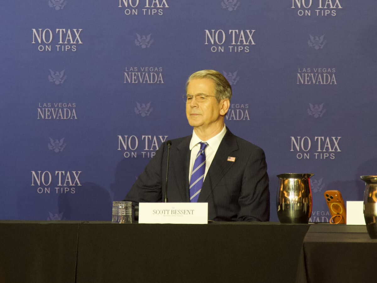 Treasury Secretary Scott Bessent participated in President Donald Trump's "No Tax on Tips" roundtable event at the AC Hotel in Las Vegas on April 16, 2026. (Travis Gillmore/The Epoch Times)