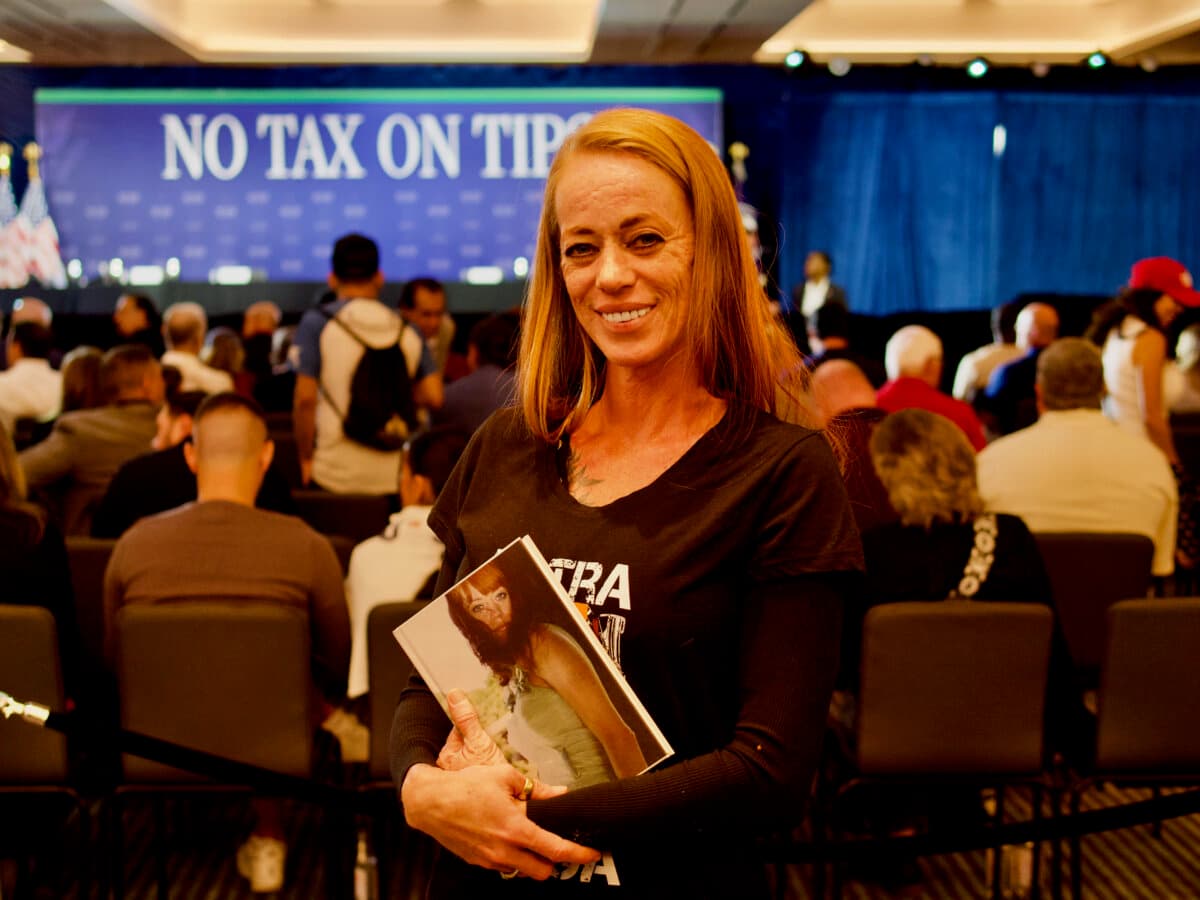 Ria Schumacker of Pahrump, Nevada, attends President Donald Trump's "No Tax on Tips" roundtable event at the AC Hotel in Las Vegas on April 16, 2026. (Travis Gillmore/The Epoch Times)