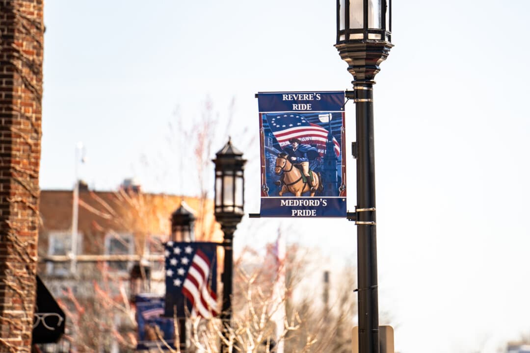 A 'Revere’s Ride' sign in Medford, Mass., on April 9, 2026. (Samira Bouaou/The Epoch Times)