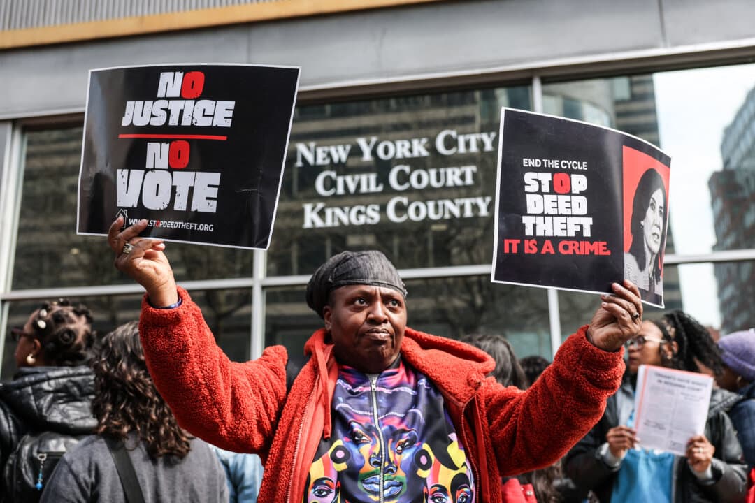 Tenants and members of the Right to Counsel Coalition rally, demanding full implementation of New York City’s Right to Counsel law and action to stop the growing eviction crisis as New York’s Mayor Zohran Mamdani tours the Brooklyn Housing Court in New York City on April 13, 2026. (Angela Weiss/AFP via Getty Images)