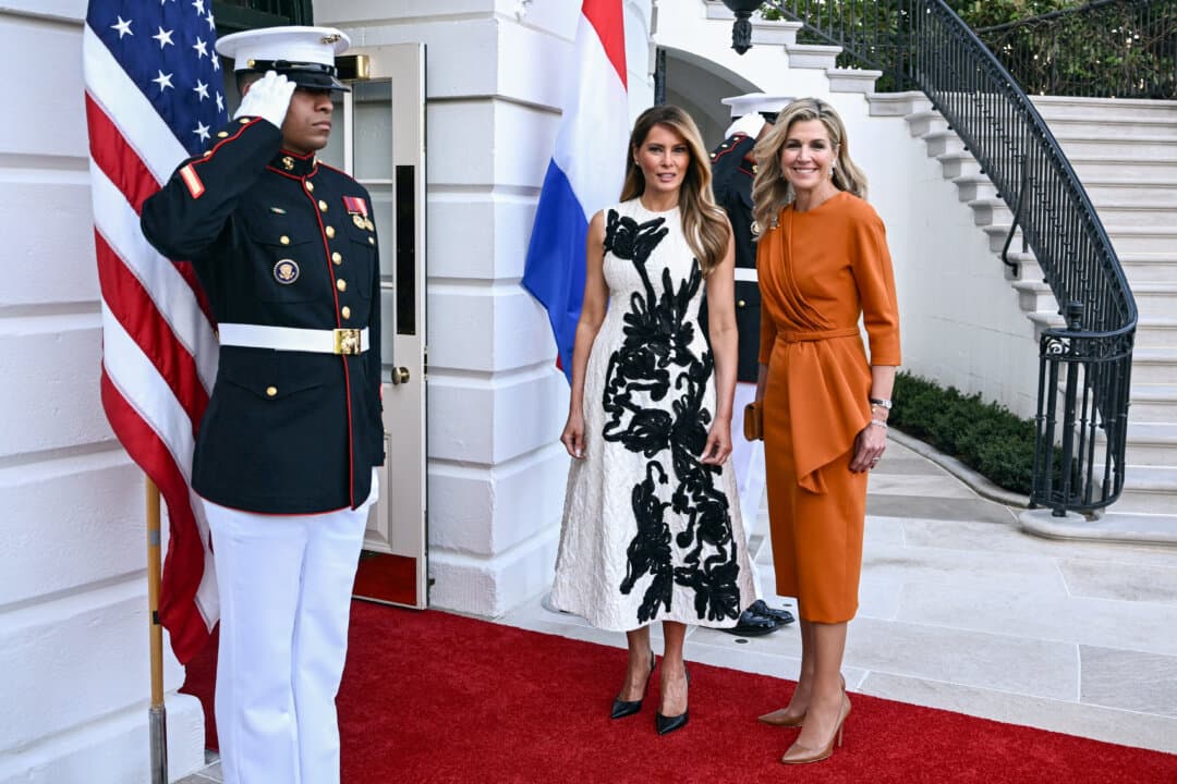 Queen Maxima of the Netherlands (R) is welcomed by First Lady Melania Trump into the White House on April 13, 2026. (Brendan Smialowski/AFP via Getty Images)