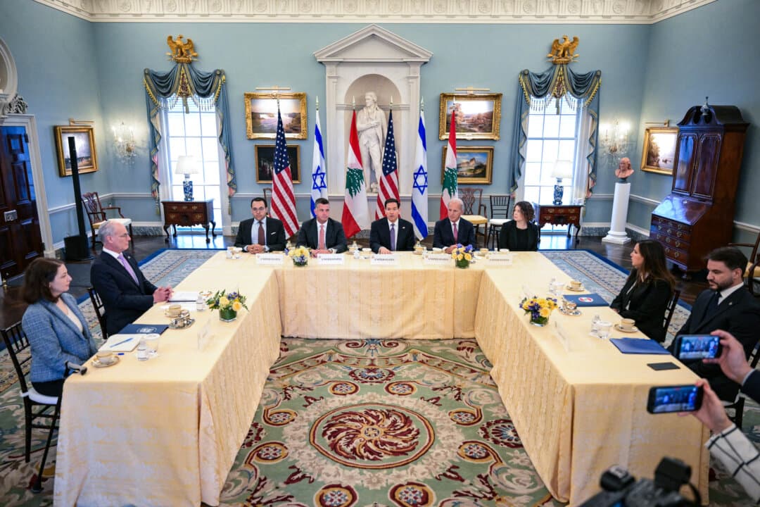 U.S. Secretary of State Marco Rubio (C) speaks during a meeting with Lebanon’s Ambassador to the United States, Nada Hamadeh Moawad (2nd R), and Israeli Ambassador to the United States, Yechiel Leiter (2nd L), at the State Department in Washington on April 14, 2026. (Oliver Contreras/AFP via Getty Images)