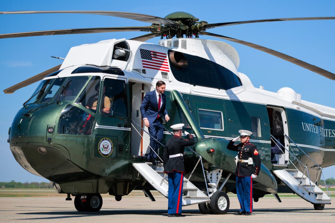 Vice President JD Vance exits Marine Two before departing on Air Force Two at Joint Base Andrews, Md., on April 14, 2026. Vice President Vance is traveling to Athens, Ga., to attend a Turning Point USA event. (Chip Somodevilla/Getty Images)